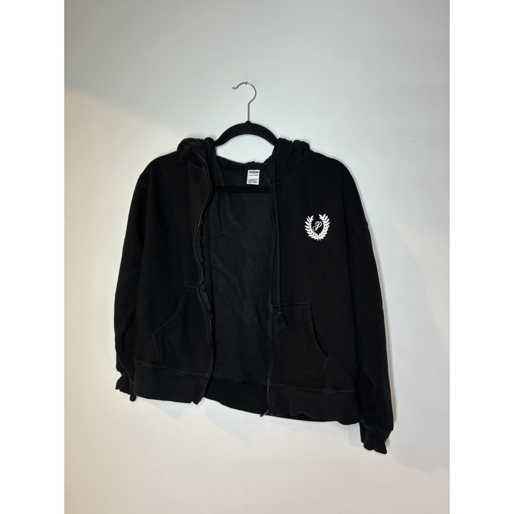 PINK Victoria's Secret Women Zip Up Hoodie S Black white laurel wreath logo